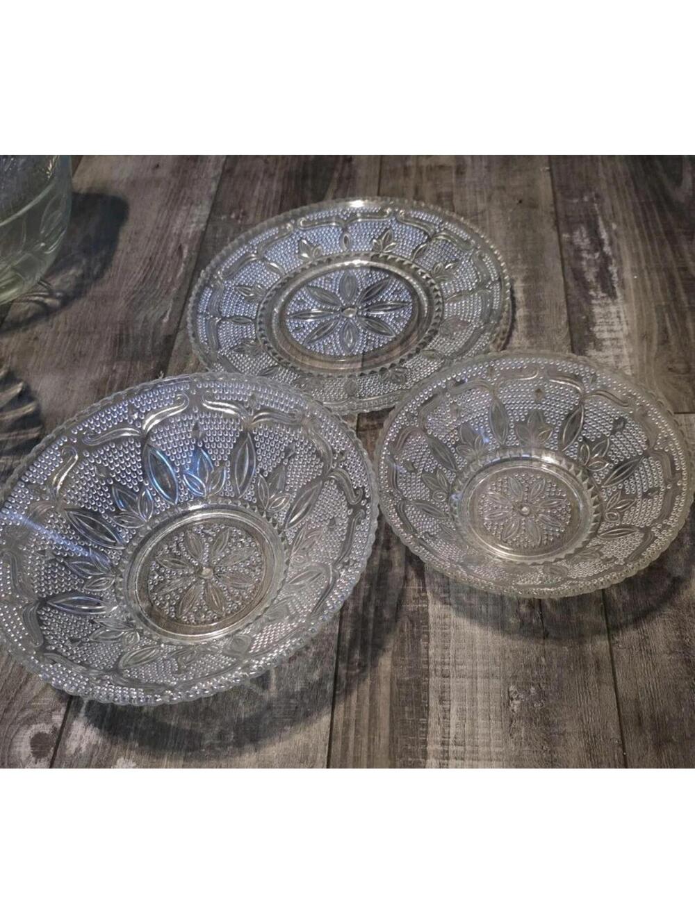 Vintage Federal Glass Heritage Clear Berry Dessert Bowls and Saucer Set of 3